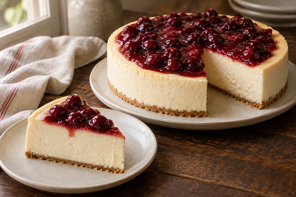 Creamy cheesecake with cherry topping and a biscuit base