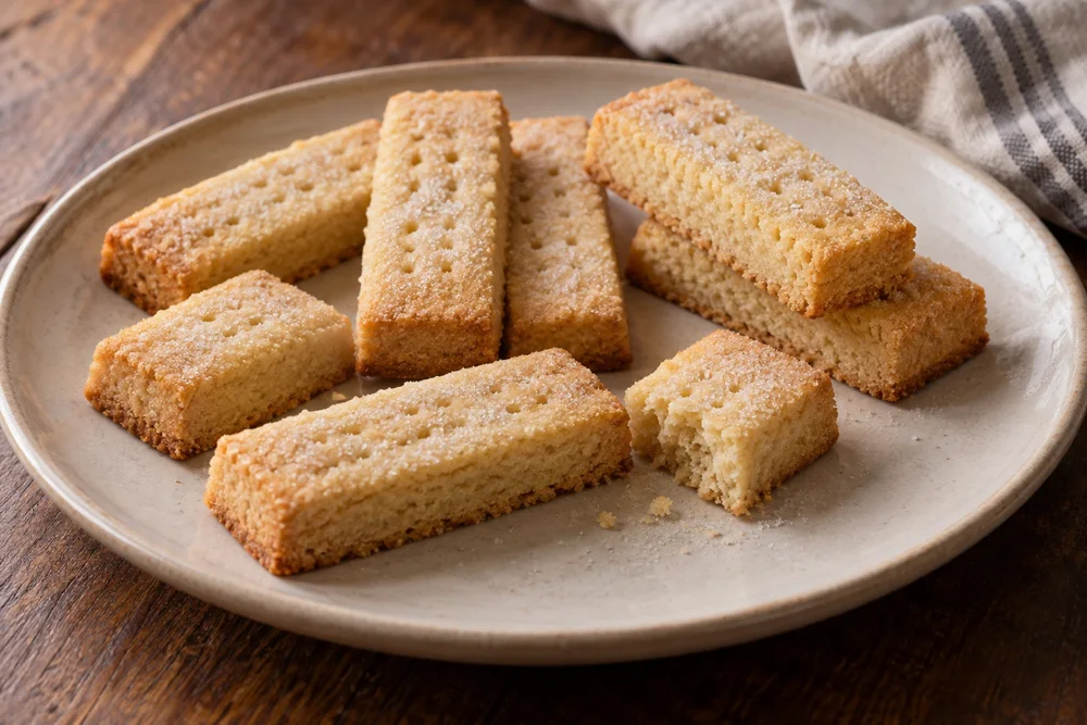 Golden vanilla shortbread fingers on a ceramic plate